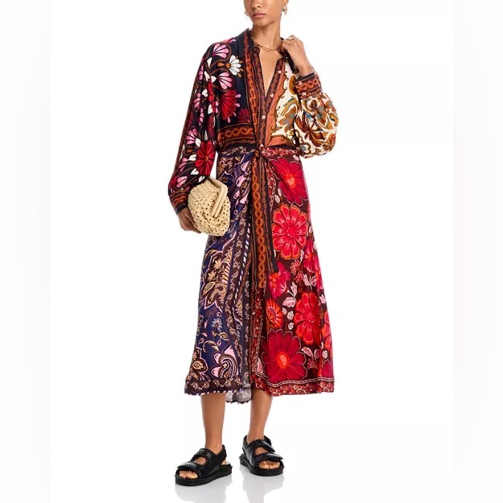 Farm Rio Miranda Mix Chemise Button Front Midi Dress Size S